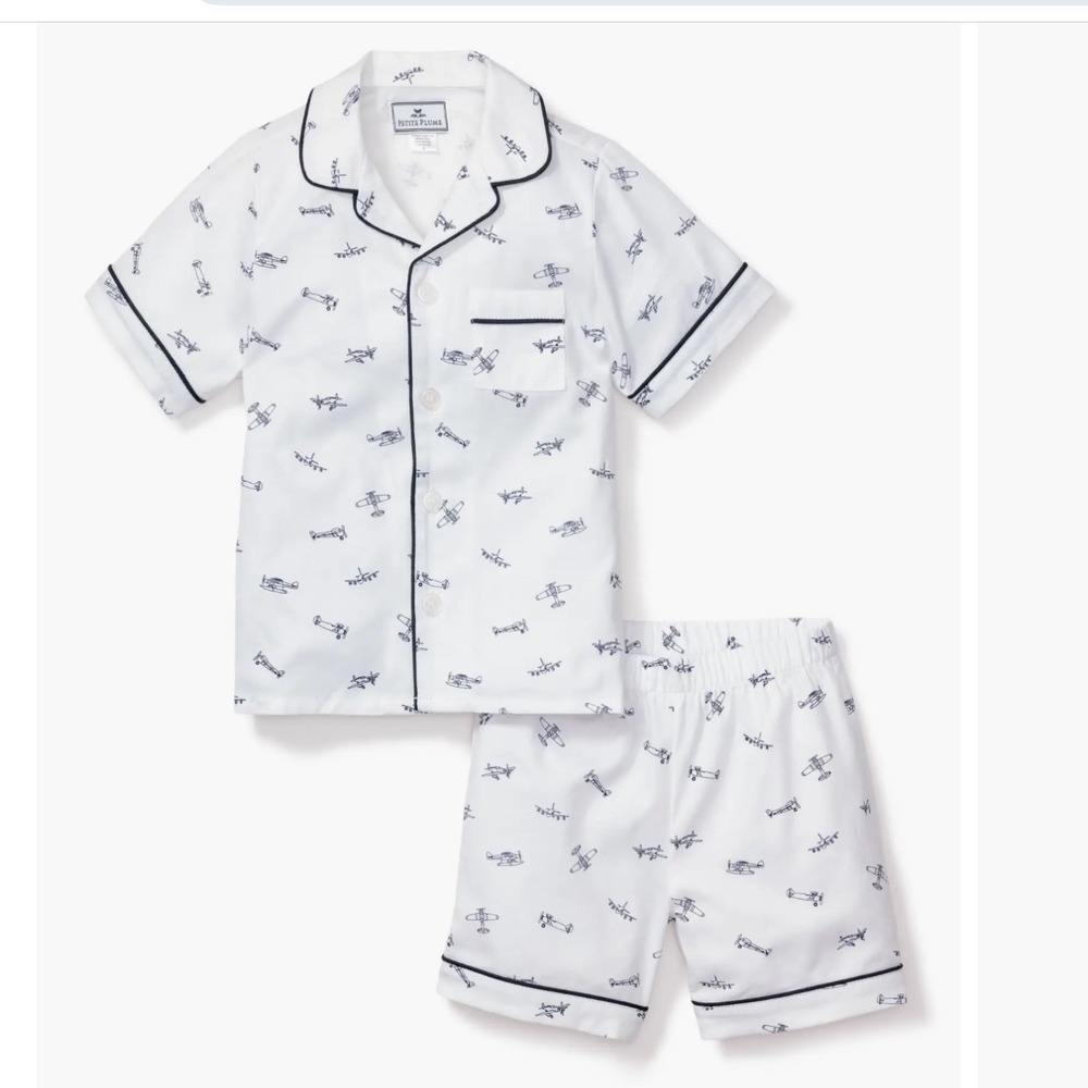 Petite Plume Boys Par Avion Short Pajama Set White Airplane‎ Print Size 12 NWT